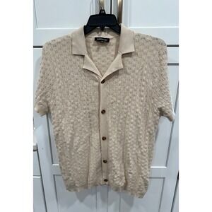 Windward‎ Mens Knit Button Down Polo Shirt Short Sleeve Beige Casual Large